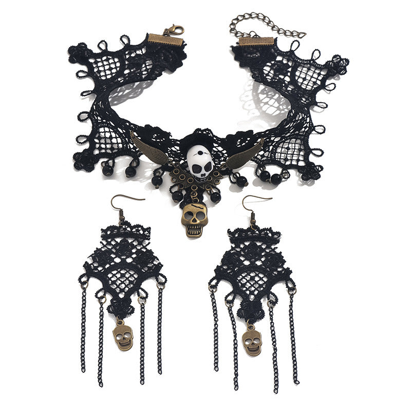 Zestaw biżuterii w stylu retro Dark Soul Gothic Skull – damski, ze stopu metali, na Halloween 