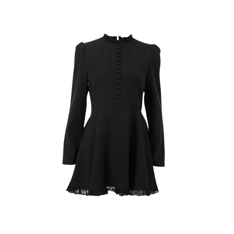 Dark Soul Women's Elegant Black Long Sleeve Dress - Solid Color Round Neck Daily & Holiday