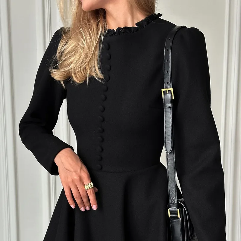 Dark Soul Women's Elegant Black Long Sleeve Dress - Solid Color Round Neck Daily & Holiday